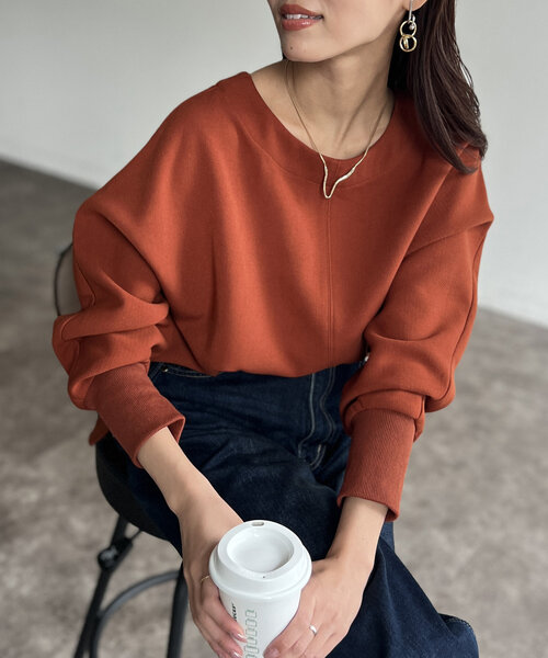 Chez toi（シェトワ）の「裏起毛ストレッチドルマンプルオーバー（Tシャツ/カットソー・レディース・オレンジ/ブラック/グレイッシュベージュ・FREE）」の13枚目の写真