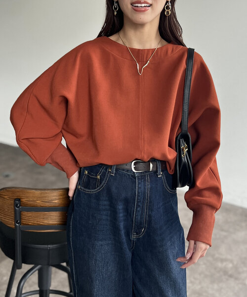 Chez toi（シェトワ）の「裏起毛ストレッチドルマンプルオーバー（Tシャツ/カットソー・レディース・オレンジ/ブラック/グレイッシュベージュ・FREE）」の14枚目の写真