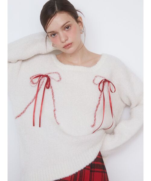 CALNAMUR(カルナムール)の「WRAPPING RIBBON JQD KNIT/ラッピングリボンジャガードニット(ニット/セーター・レディース・ブラック/アイボリー・FREE)」の2枚目の写真