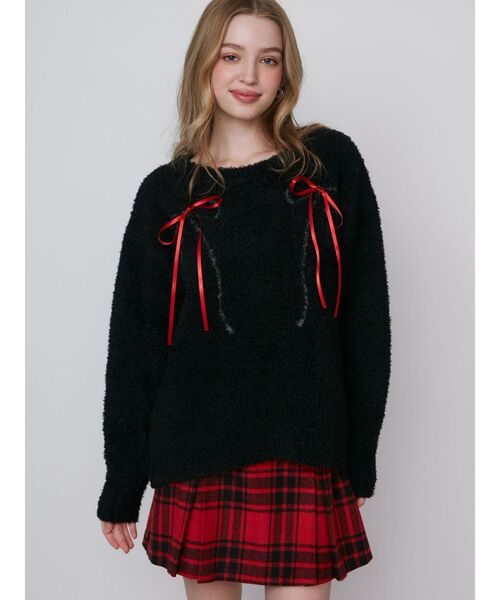 CALNAMUR(カルナムール)の「WRAPPING RIBBON JQD KNIT/ラッピングリボンジャガードニット(ニット/セーター・レディース・ブラック/アイボリー・FREE)」の1枚目の写真