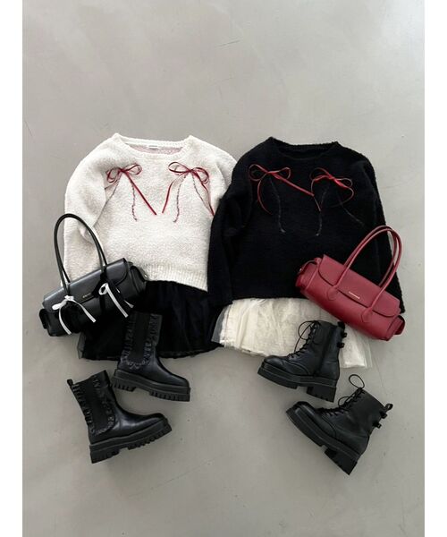 CALNAMUR(カルナムール)の「WRAPPING RIBBON JQD KNIT/ラッピングリボンジャガードニット(ニット/セーター・レディース・ブラック/アイボリー・FREE)」の18枚目の写真