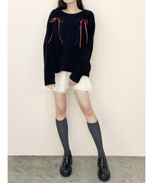 CALNAMUR(カルナムール)の「WRAPPING RIBBON JQD KNIT/ラッピングリボンジャガードニット(ニット/セーター・レディース・ブラック/アイボリー・FREE)」の11枚目の写真