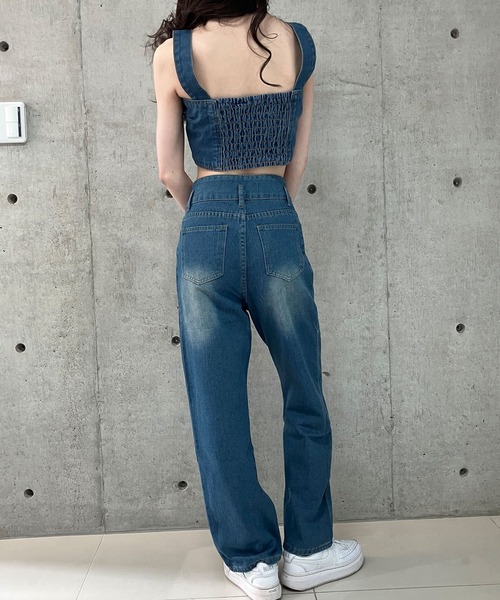 デニム 2点セット トップス パンツ 春夏 カジュアル 綺麗め セットアップ ツーピース トップス パンツ デニムパンツ スリム