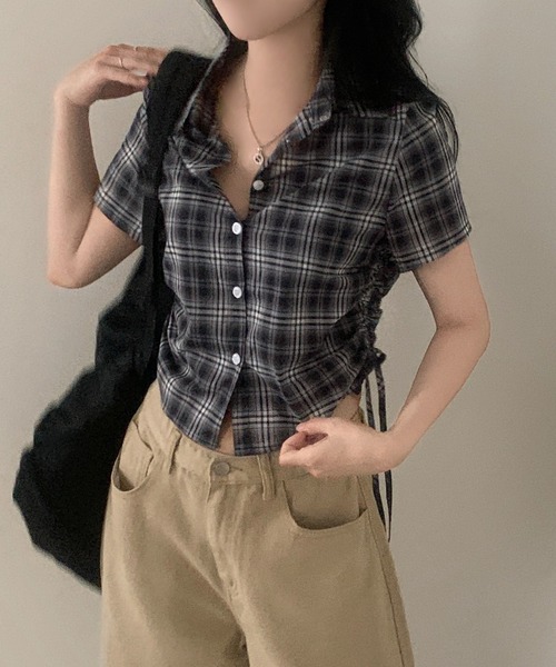 gossip！ロサンゼルス（ゴシップロサンゼルス）の「Y2K  レトロ チェック ストリング  サイドシャーリング 半袖シャツ  ガーリー（Tシャツ/カットソー・レディース・ホワイト/ブラック/ブラック系その他/ブルー/チェック・FREE）」の3枚目の写真