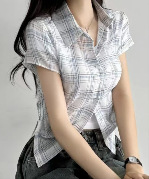 gossip！ロサンゼルス（ゴシップロサンゼルス）の「Y2K  レトロ チェック ストリング  サイドシャーリング 半袖シャツ  ガーリー（Tシャツ/カットソー・レディース・ホワイト/ブラック/ブラック系その他/ブルー/チェック・FREE）」の2枚目の写真