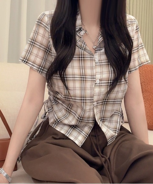 gossip！ロサンゼルス（ゴシップロサンゼルス）の「Y2K  レトロ チェック ストリング  サイドシャーリング 半袖シャツ  ガーリー（Tシャツ/カットソー・レディース・ホワイト/ブラック/ブラック系その他/ブルー/チェック・FREE）」の5枚目の写真