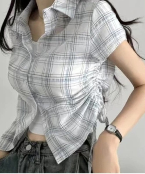 gossip！ロサンゼルス（ゴシップロサンゼルス）の「Y2K  レトロ チェック ストリング  サイドシャーリング 半袖シャツ  ガーリー（Tシャツ/カットソー・レディース・ホワイト/ブラック/ブラック系その他/ブルー/チェック・FREE）」の11枚目の写真