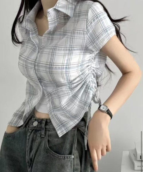 gossip！ロサンゼルス（ゴシップロサンゼルス）の「Y2K  レトロ チェック ストリング  サイドシャーリング 半袖シャツ  ガーリー（Tシャツ/カットソー・レディース・ホワイト/ブラック/ブラック系その他/ブルー/チェック・FREE）」の13枚目の写真