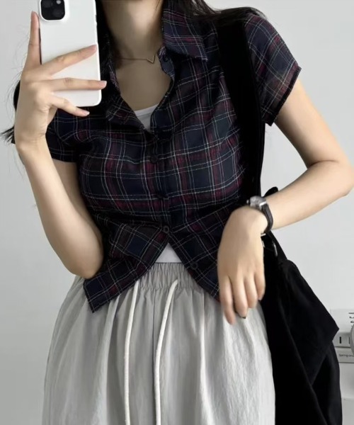 gossip！ロサンゼルス（ゴシップロサンゼルス）の「Y2K  レトロ チェック ストリング  サイドシャーリング 半袖シャツ  ガーリー（Tシャツ/カットソー・レディース・ホワイト/ブラック/ブラック系その他/ブルー/チェック・FREE）」の7枚目の写真