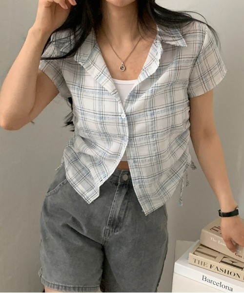 gossip！ロサンゼルス（ゴシップロサンゼルス）の「Y2K  レトロ チェック ストリング  サイドシャーリング 半袖シャツ  ガーリー（Tシャツ/カットソー・レディース・ホワイト/ブラック/ブラック系その他/ブルー/チェック・FREE）」の17枚目の写真