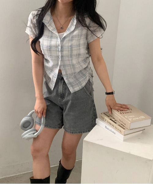 gossip！ロサンゼルス（ゴシップロサンゼルス）の「Y2K  レトロ チェック ストリング  サイドシャーリング 半袖シャツ  ガーリー（Tシャツ/カットソー・レディース・ホワイト/ブラック/ブラック系その他/ブルー/チェック・FREE）」の18枚目の写真