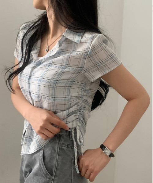 gossip！ロサンゼルス（ゴシップロサンゼルス）の「Y2K  レトロ チェック ストリング  サイドシャーリング 半袖シャツ  ガーリー（Tシャツ/カットソー・レディース・ホワイト/ブラック/ブラック系その他/ブルー/チェック・FREE）」の19枚目の写真