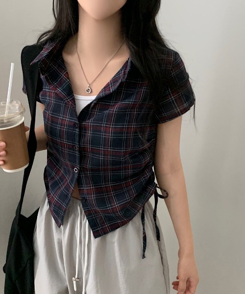 gossip！ロサンゼルス（ゴシップロサンゼルス）の「Y2K  レトロ チェック ストリング  サイドシャーリング 半袖シャツ  ガーリー（Tシャツ/カットソー・レディース・ホワイト/ブラック/ブラック系その他/ブルー/チェック・FREE）」の16枚目の写真