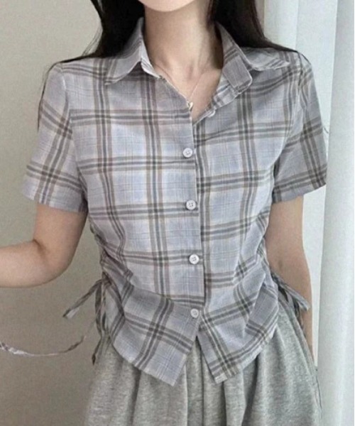 gossip！ロサンゼルス（ゴシップロサンゼルス）の「Y2K  レトロ チェック ストリング  サイドシャーリング 半袖シャツ  ガーリー（Tシャツ/カットソー・レディース・ホワイト/ブラック/ブラック系その他/ブルー/チェック・FREE）」の20枚目の写真