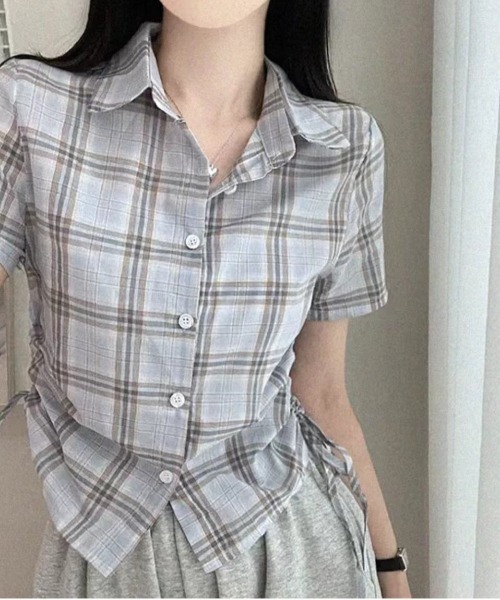 gossip！ロサンゼルス（ゴシップロサンゼルス）の「Y2K  レトロ チェック ストリング  サイドシャーリング 半袖シャツ  ガーリー（Tシャツ/カットソー・レディース・ホワイト/ブラック/ブラック系その他/ブルー/チェック・FREE）」の21枚目の写真