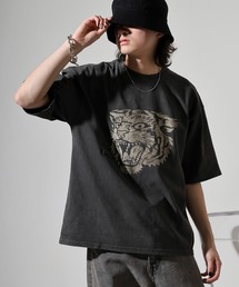 ATELANE 古着風 ピグメント加工 ヴィンテージ ワンポイント刺繍 デザイン Tシャツ トラ フラワー