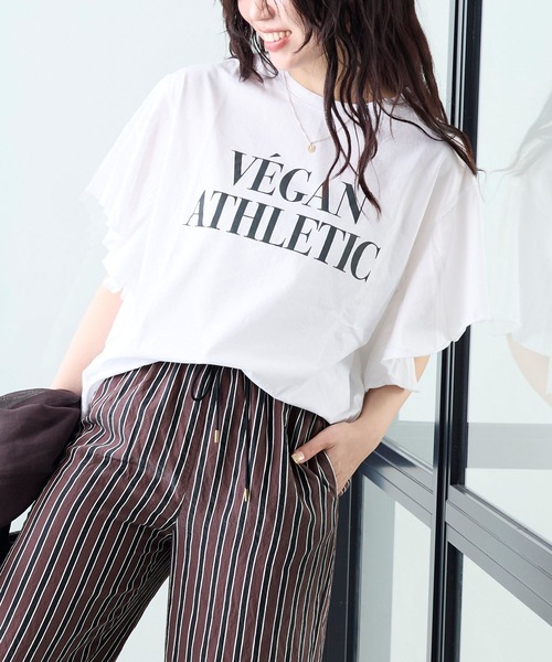 セール】'VEGANATHLETIC'ロゴフリルスリーブT-shirt（Tシャツ