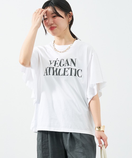 セール】'VEGANATHLETIC'ロゴフリルスリーブT-shirt（Tシャツ