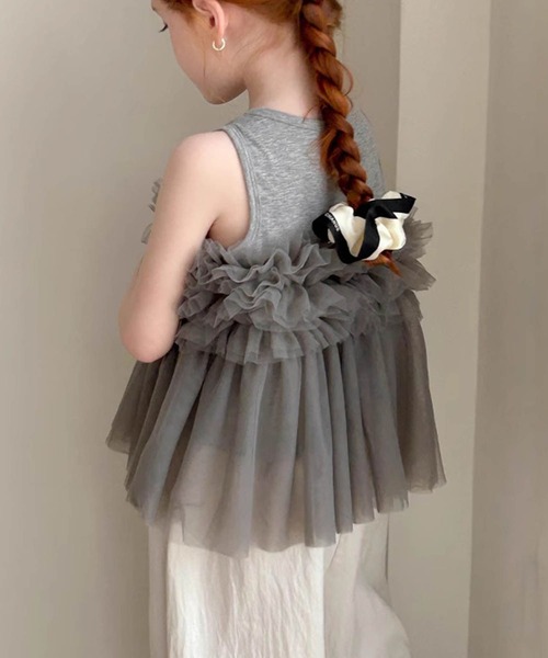 aimoha（アイモハ）の「【aimoha-KIDS-】チュールフリル付きノースリーブカットソー (SS)（Tシャツ/カットソー・キッズ・ピンク/グレー・90/100/110/120/130/140/150）」の6枚目の写真