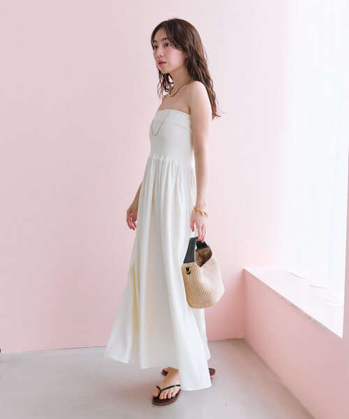 【着用1回♡美品】ダブスタ♡ソブ　可愛いコルセット風♡ベアトップワンピース♡ 美シルエット】ベアトップギャザーワンピース（ワンピース）｜La