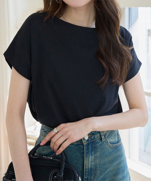 KOBE LETTUCE(コウベレタス)の「ボートネック半袖コットンTシャツ(Tシャツ/カットソー・レディース・オフホワイト/アイボリー系/ホワイト×ブラック/グレイッシュベージュ/ブラック・L/LL/M)」の3枚目の写真