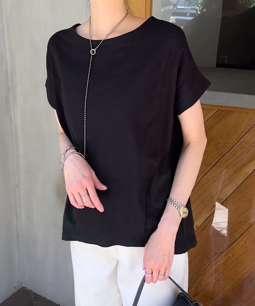 KOBE LETTUCE(コウベレタス)の「ボートネック半袖コットンTシャツ(Tシャツ/カットソー・レディース・オフホワイト/アイボリー系/ホワイト×ブラック/グレイッシュベージュ/ブラック・L/LL/M)」の13枚目の写真