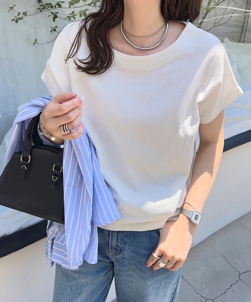KOBE LETTUCE(コウベレタス)の「ボートネック半袖コットンTシャツ(Tシャツ/カットソー・レディース・オフホワイト/アイボリー系/ホワイト×ブラック/グレイッシュベージュ/ブラック・L/LL/M)」の6枚目の写真