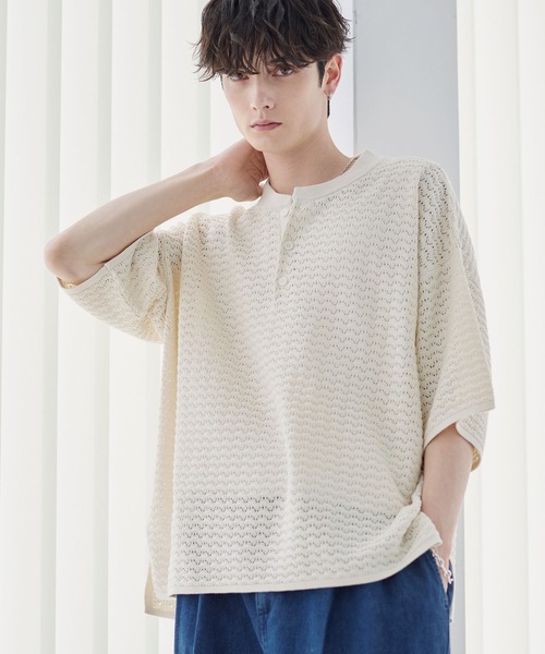 ETELIO（エテリオ）の「透かし編み半袖ヘンリーネックニット（ニット/セーター・メンズ・マスタード/ブラック/ワイン/ブルーグリーン/ホワイト・XL/L/M/S）」の8枚目の写真