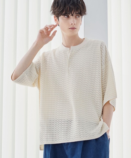 ETELIO（エテリオ）の「透かし編み半袖ヘンリーネックニット（ニット/セーター・メンズ・マスタード/ブラック/ワイン/ブルーグリーン/ホワイト・XL/L/M/S）」の9枚目の写真