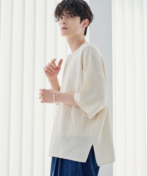 ETELIO（エテリオ）の「透かし編み半袖ヘンリーネックニット（ニット/セーター・メンズ・マスタード/ブラック/ワイン/ブルーグリーン/ホワイト・XL/L/M/S）」の7枚目の写真