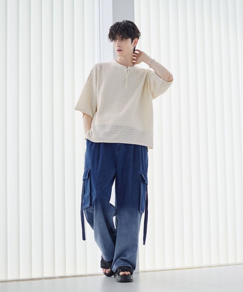 ETELIO（エテリオ）の「透かし編み半袖ヘンリーネックニット（ニット/セーター・メンズ・マスタード/ブラック/ワイン/ブルーグリーン/ホワイト・XL/L/M/S）」の10枚目の写真