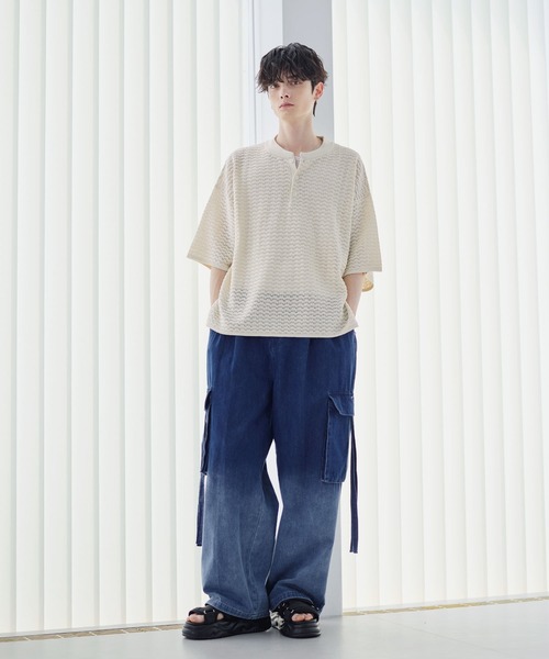 ETELIO（エテリオ）の「透かし編み半袖ヘンリーネックニット（ニット/セーター・メンズ・マスタード/ブラック/ワイン/ブルーグリーン/ホワイト・XL/L/M/S）」の11枚目の写真
