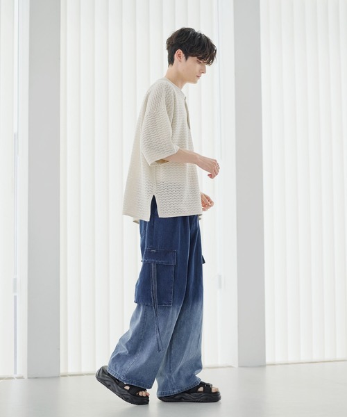 ETELIO（エテリオ）の「透かし編み半袖ヘンリーネックニット（ニット/セーター・メンズ・マスタード/ブラック/ワイン/ブルーグリーン/ホワイト・XL/L/M/S）」の13枚目の写真