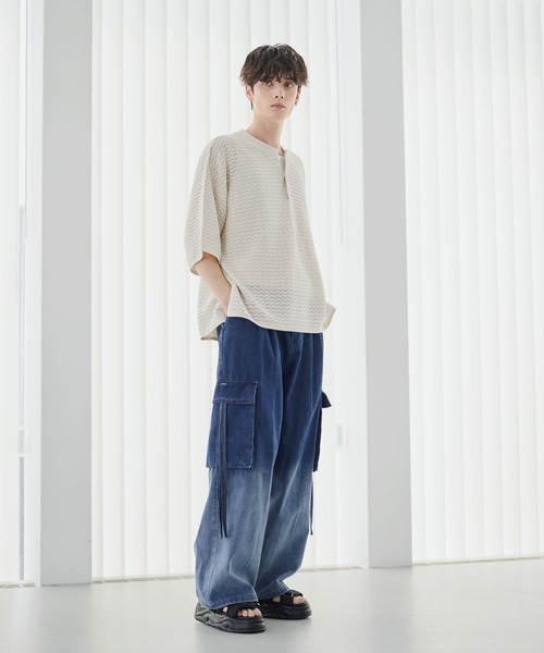 ETELIO（エテリオ）の「透かし編み半袖ヘンリーネックニット（ニット/セーター・メンズ・マスタード/ブラック/ワイン/ブルーグリーン/ホワイト・XL/L/M/S）」の14枚目の写真