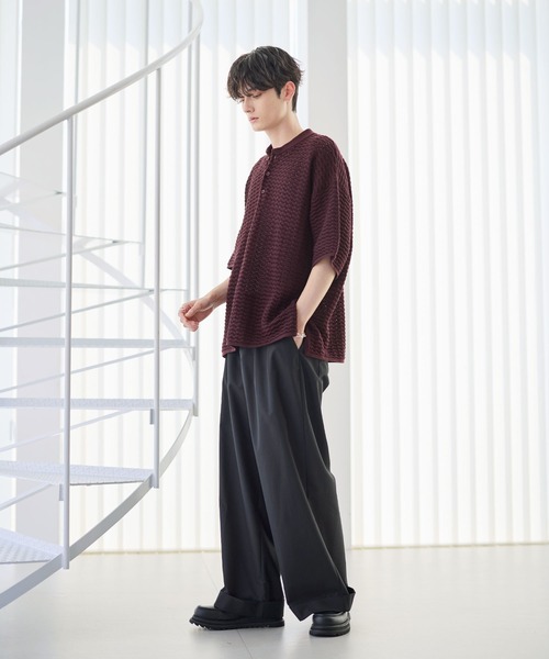 透かし編み半袖ヘンリーネックニット（ニット/セーター