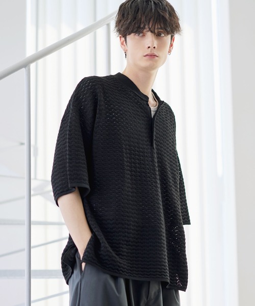 ETELIO（エテリオ）の「透かし編み半袖ヘンリーネックニット（ニット/セーター・メンズ・マスタード/ブラック/ワイン/ブルーグリーン/ホワイト・XL/L/M/S）」の15枚目の写真