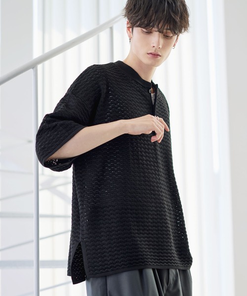 ETELIO（エテリオ）の「透かし編み半袖ヘンリーネックニット（ニット/セーター・メンズ・マスタード/ブラック/ワイン/ブルーグリーン/ホワイト・XL/L/M/S）」の16枚目の写真