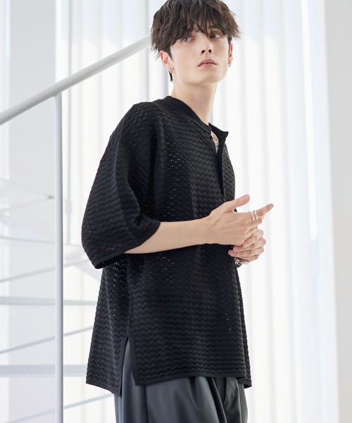 ETELIO（エテリオ）の「透かし編み半袖ヘンリーネックニット（ニット/セーター・メンズ・マスタード/ブラック/ワイン/ブルーグリーン/ホワイト・XL/L/M/S）」の17枚目の写真