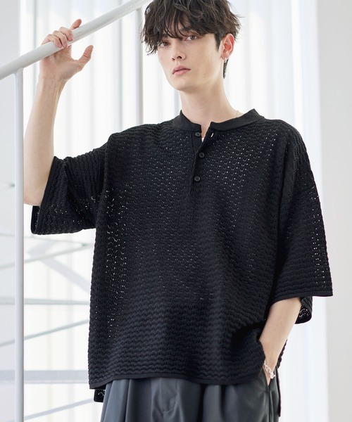 ETELIO（エテリオ）の「透かし編み半袖ヘンリーネックニット（ニット/セーター・メンズ・マスタード/ブラック/ワイン/ブルーグリーン/ホワイト・XL/L/M/S）」の18枚目の写真