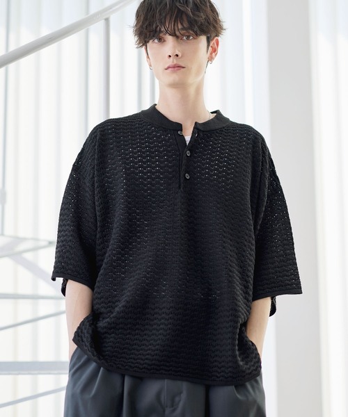 ETELIO（エテリオ）の「透かし編み半袖ヘンリーネックニット（ニット/セーター・メンズ・マスタード/ブラック/ワイン/ブルーグリーン/ホワイト・XL/L/M/S）」の20枚目の写真