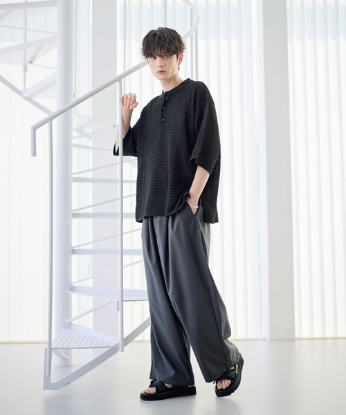 ETELIO（エテリオ）の「透かし編み半袖ヘンリーネックニット（ニット/セーター・メンズ・マスタード/ブラック/ワイン/ブルーグリーン/ホワイト・XL/L/M/S）」の21枚目の写真