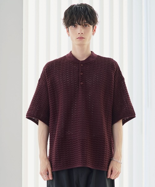 LOEWE ネイビー 半袖 ニット S 透かし編み半袖ヘンリーネックニット（ニット/セーター