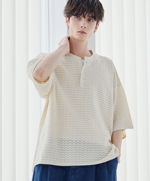 ETELIO（エテリオ）の「透かし編み半袖ヘンリーネックニット（ニット/セーター・メンズ・マスタード/ブラック/ワイン/ブルーグリーン/ホワイト・XL/L/M/S）」の6枚目の写真