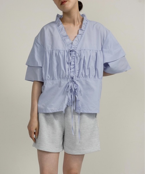 pellicule ribbon gather lib blouson フリル v frill line gather ribbon blouse / vフリルラインギャザー