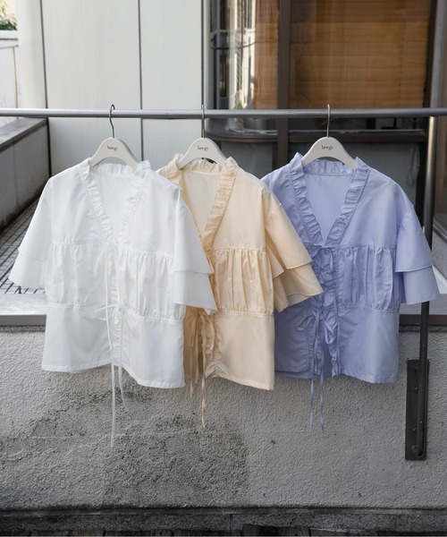 pellicule ribbon gather lib blouson フリル PELLICULE ribbon gather lib blouson white