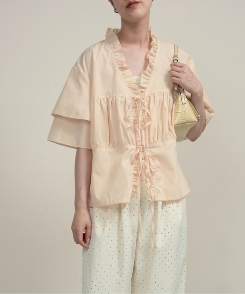 【美品】100%リネンＶネックブラウス　フロントリボン　レース　ギャザー　フリル 楽天市場】ラッフルフリルギャザーブラウス レディース Vネック