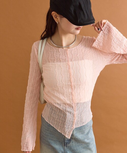 mystic（ミスティック）の「シアーアシメTOPS（Tシャツ/カットソー・レディース・オフホワイト/ブラック/ブラウン/ピンク・FREE）」の4枚目の写真