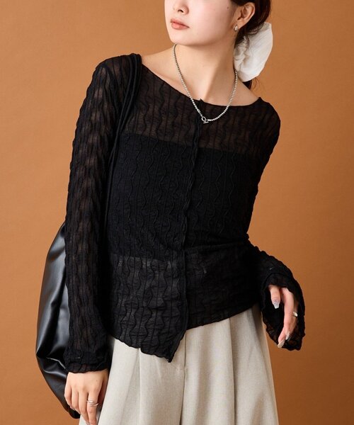 mystic（ミスティック）の「シアーアシメTOPS（Tシャツ/カットソー・レディース・オフホワイト/ブラック/ブラウン/ピンク・FREE）」の3枚目の写真