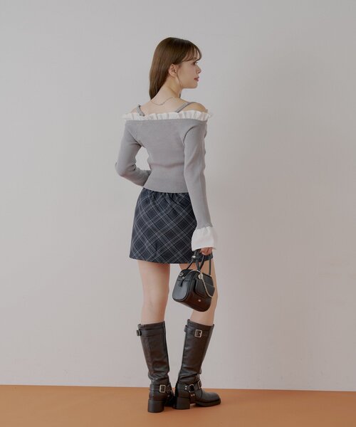 Chico 2WAYレイヤードチェックボックスタイトミニスカート　チャコール セール】2wayレイヤードチェックボックスタイトミニスカート（スカート