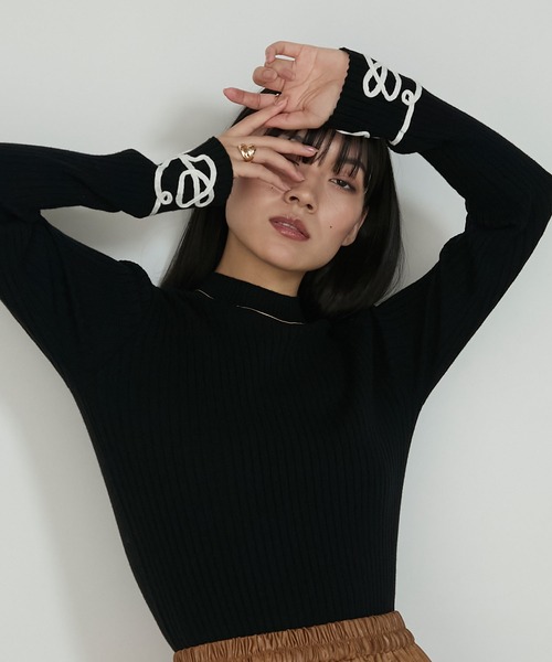 セール】【forksy.】コード刺繍ハイネックリブニットプルオーバー